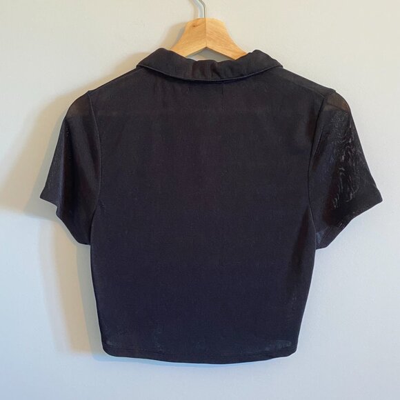 Sheer Black Button Up Crop Top with Ruching and Collar Stretch Polo Y2K Wet Seal - Picture 5 of 7